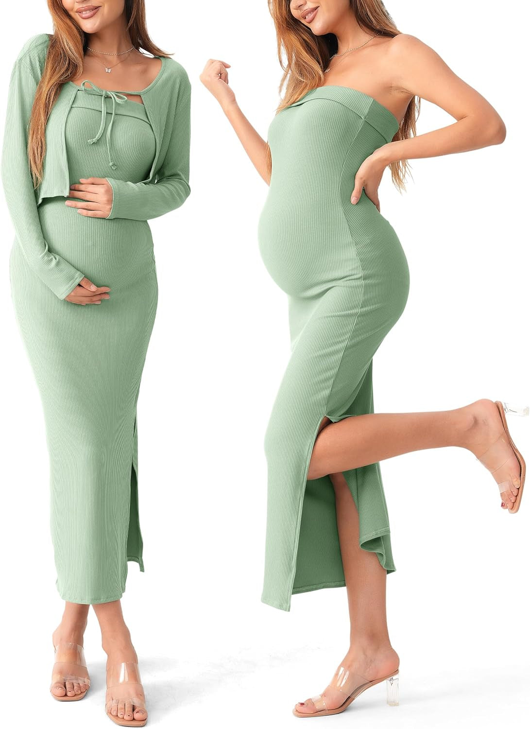 SUNNYBUY Baby Shower Maternity Tube Dress Short Cardigan Bodycon Ribbed Maxi Dress Casual 2 Piece Pregnancy Outfit Set