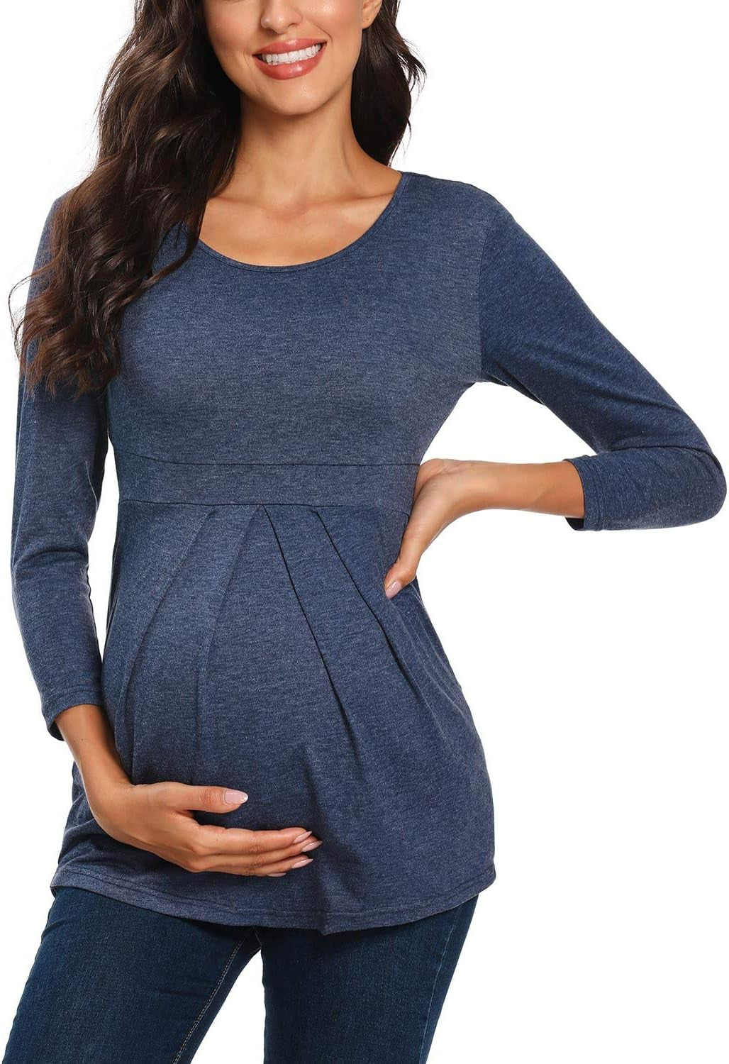 Glampunch Women'S Maternity Tops Short & 3/4 Sleeve round Neck Front Pleat Peplum Tunic Top Pregnancy Shirts