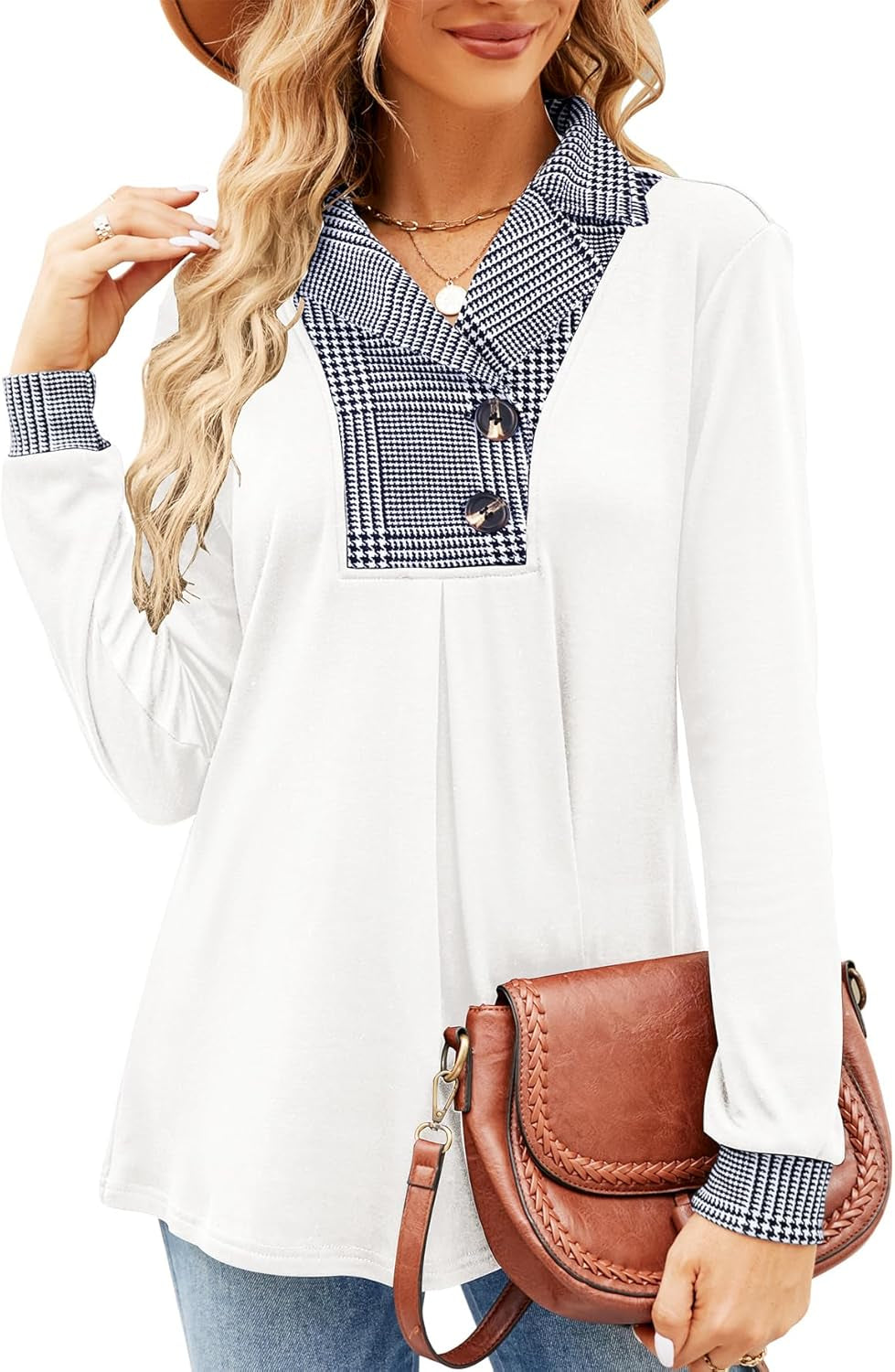 Newchoice Womens Long Sleeve Tunic Tops for Leggings Casual Notch Collared Button Sweatshirts Pullover Shirt Tops