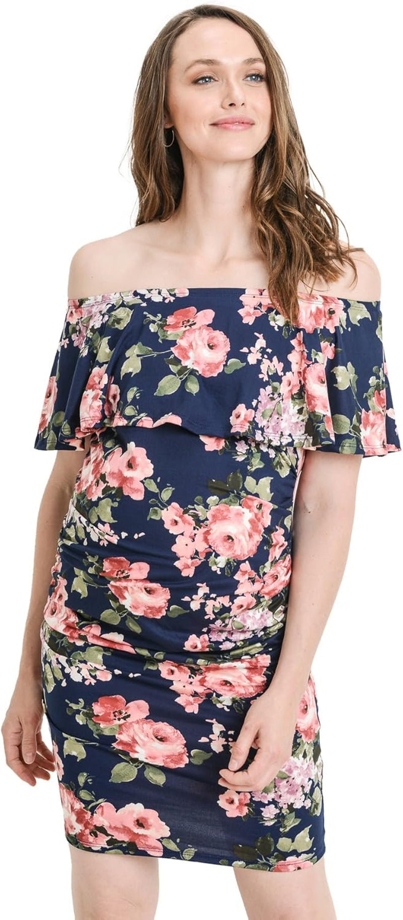 Hello MIZ Women'S Floral Ruffle off Shoulder Maternity Dress - Made in USA