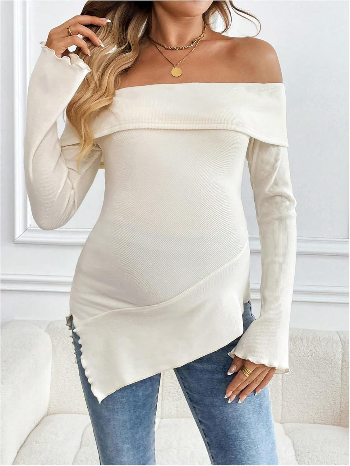 Makemechic Women'S Maternity Tops off Shoulder Lettuce Trim Flounce Sleeve Pregnancy Shirt