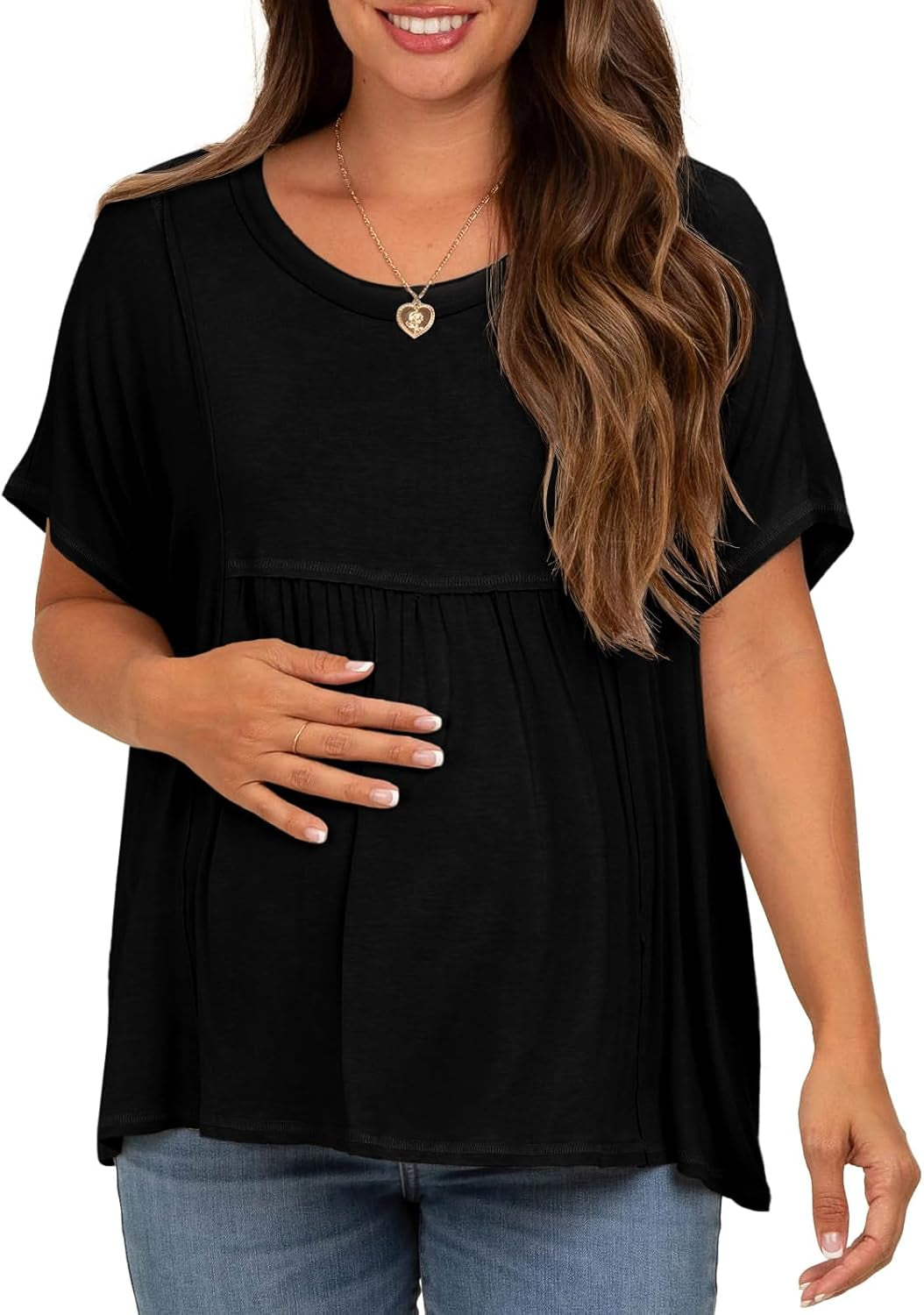Tankaneo Womens Maternity Tops Summer Batwing Short Sleeve Casual T Shirts Oversized Pleated Pregnancy Clothes
