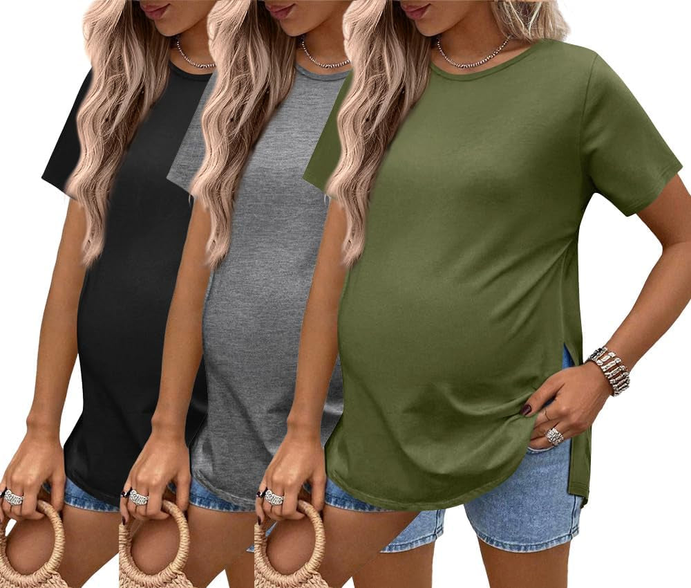 Ekouaer 3 Pack Maternity Shirts Short Sleeve Split Side Pregnancy Tops Casual Pregnant Tunic Blouse