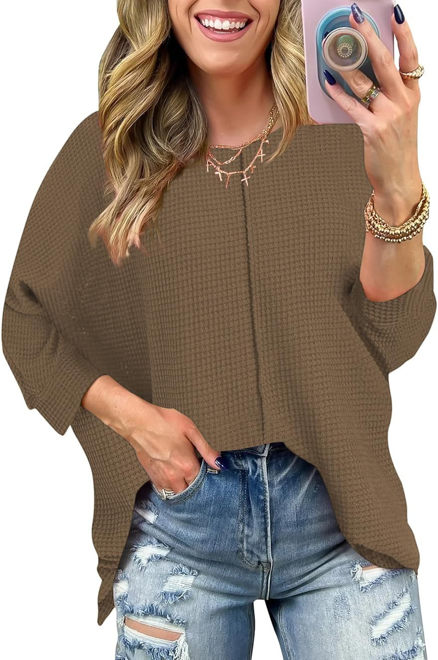 Poetsky Womens 2025 Spring 3/4 Sleeve Crewneck Waffle Knit Shirt Loose Casual Side Split Tunic Tops