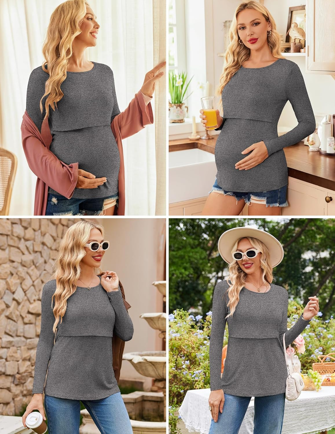 Ekouaer Women 3 Packs Nursing Shirts Long Sleeve Maternity Tops Double Layer Breastfeeding Tees round Neck Pregnancy Blouse