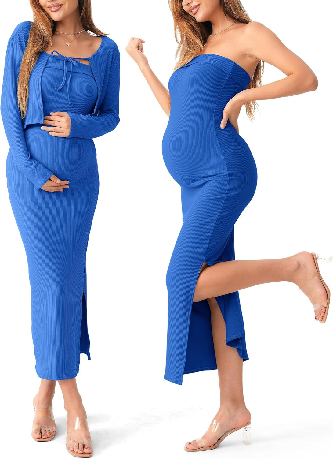SUNNYBUY Baby Shower Maternity Tube Dress Short Cardigan Bodycon Ribbed Maxi Dress Casual 2 Piece Pregnancy Outfit Set