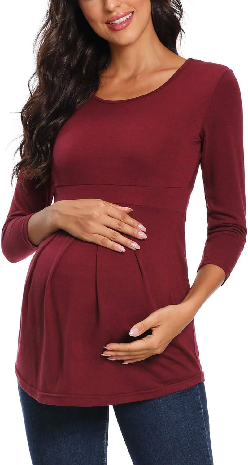 Glampunch Women'S Maternity Tops Short & 3/4 Sleeve round Neck Front Pleat Peplum Tunic Top Pregnancy Shirts