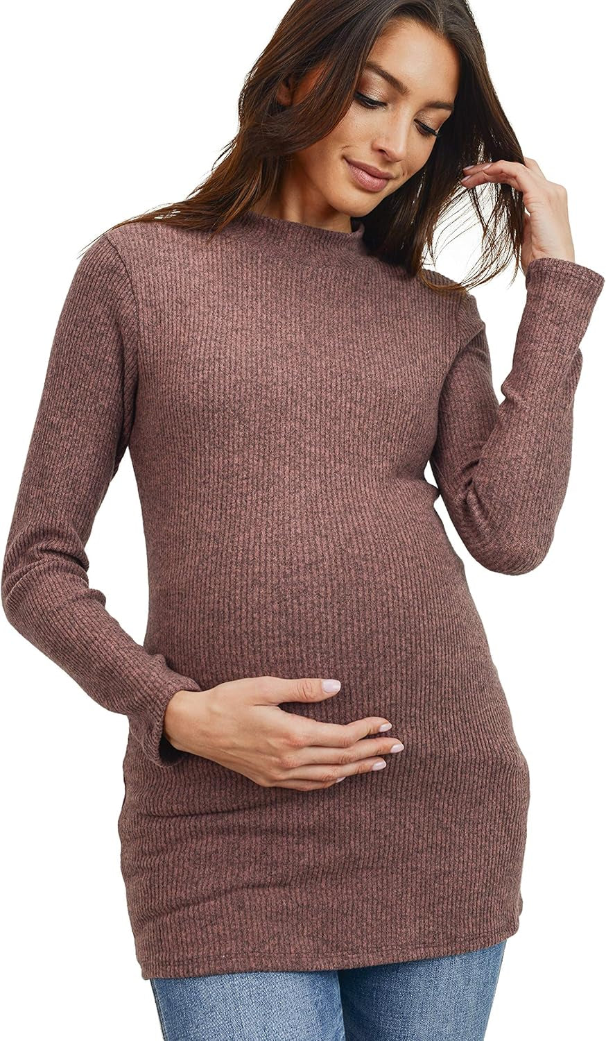 Women'S Knit Ribbed Maternity Top with Mock Neck Long Sleeve