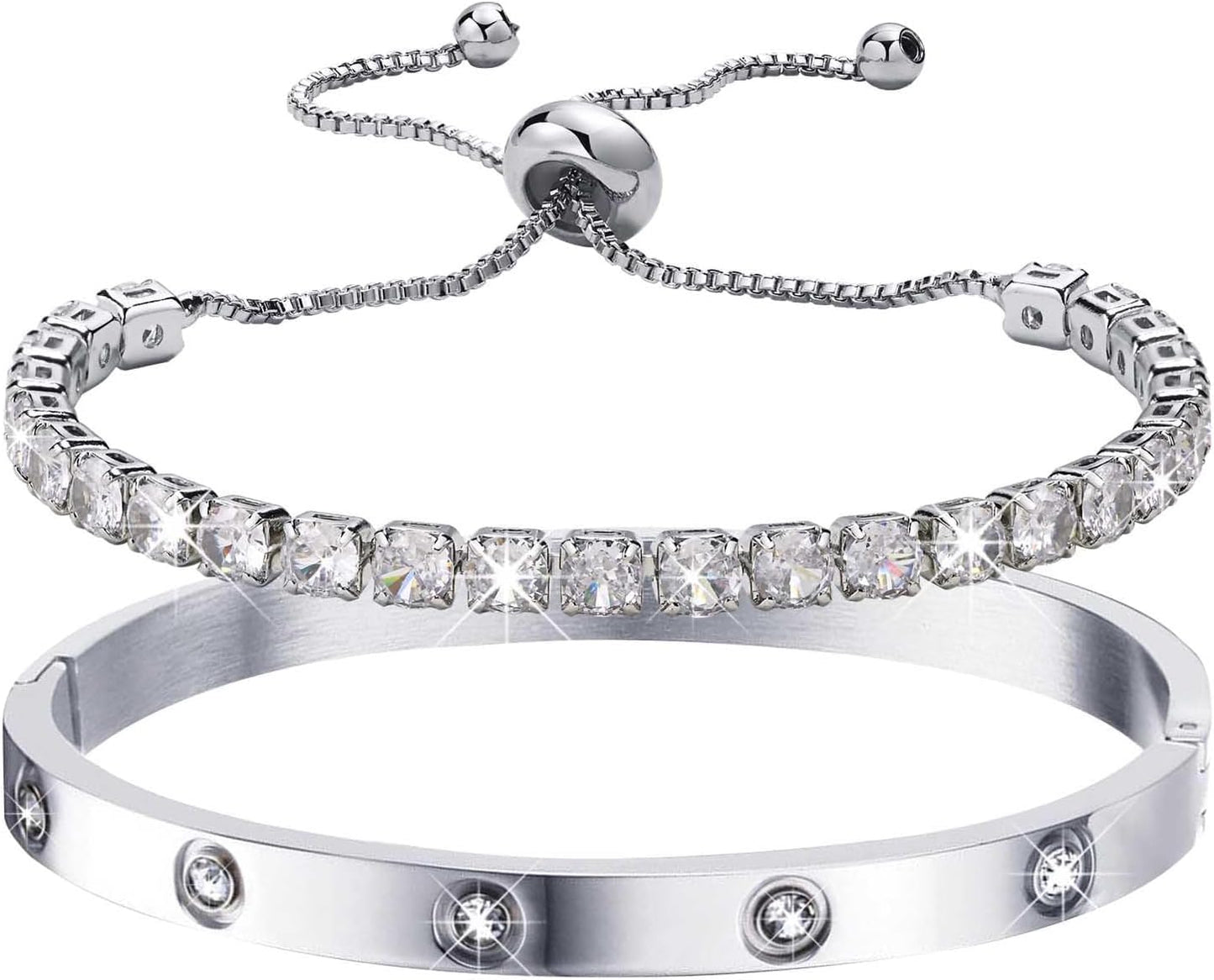 MPRAINBOW Gold Bracelets for Women, 2Pcs 18K Gold Plated Cubic Zirconia Bangle Crystal Friendship Bracelet Jewelry,Wedding Party Christmas Birthday Gifts for Her Girlfriend Sister Daughter