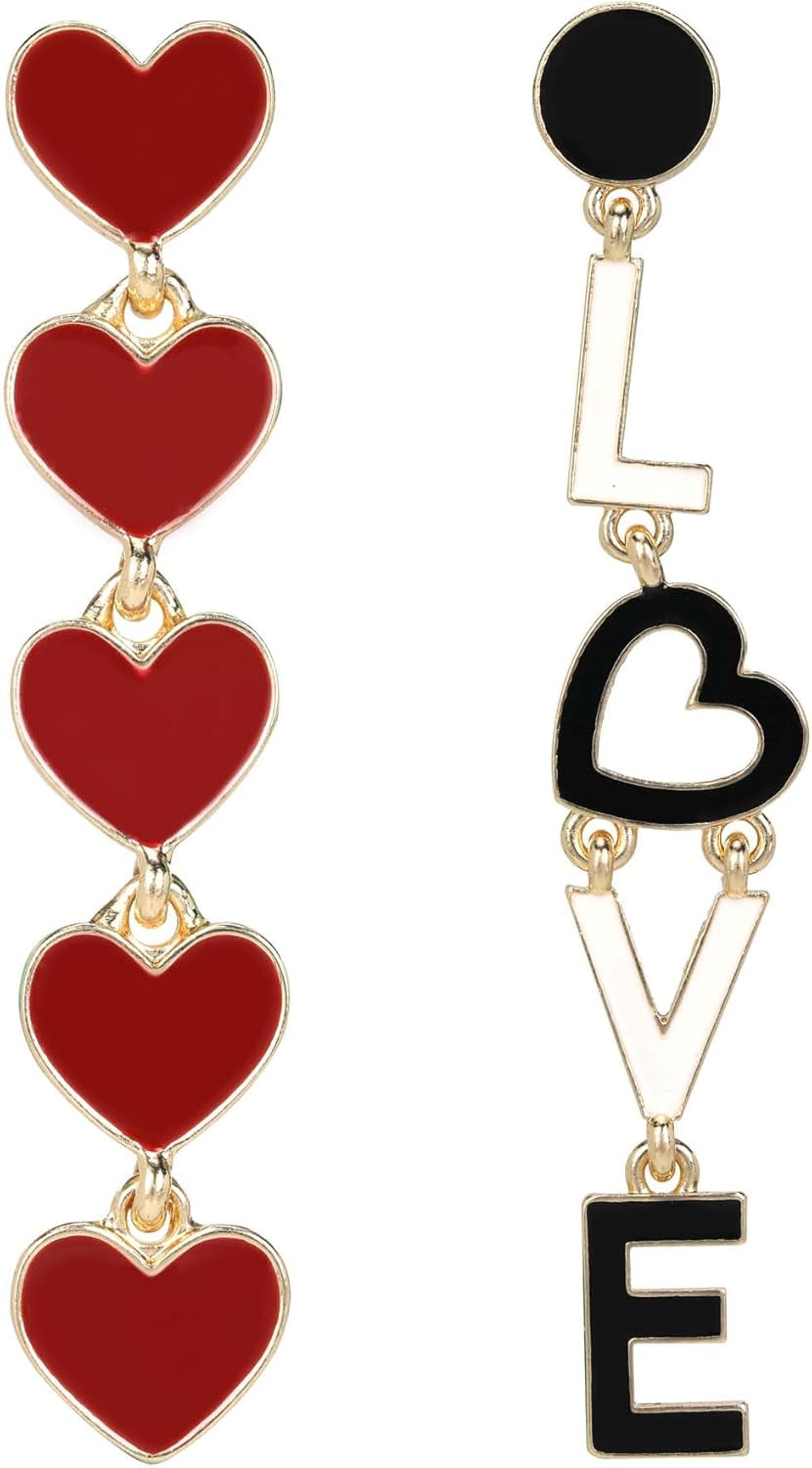 Heart Earrings for Women LOVE Letter Asymmetrical Black and Red Heart Dangle Earrings Valentine'S Day Jewelry Gifts