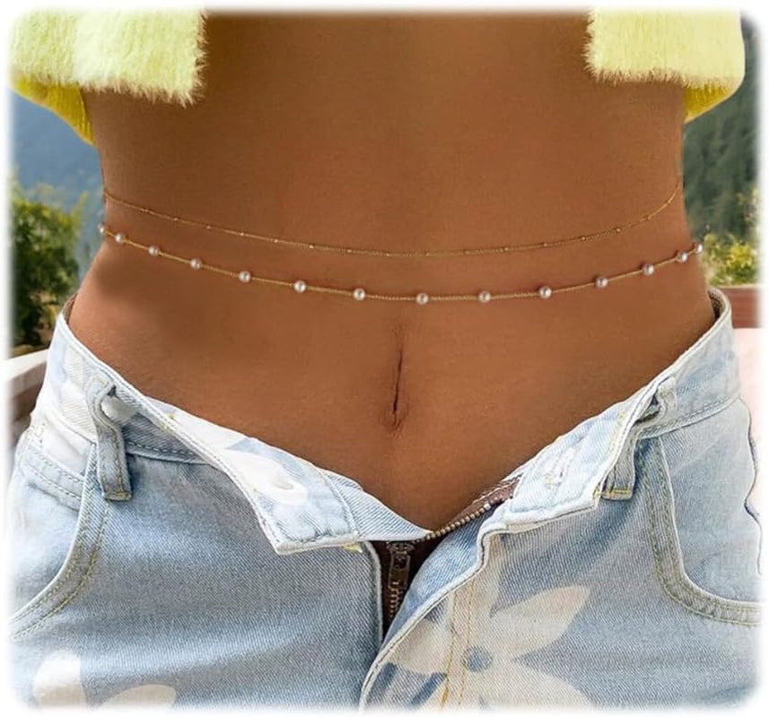 ASCOMY Waist Chains for Women 14K Gold Plated 2Pcs Body Chains Layered Cuban Pearl Satellite Beads Rope Coin Heart Pendant Belly Belt Body Chains Adjustable Bikini Body Jewelry for Women
