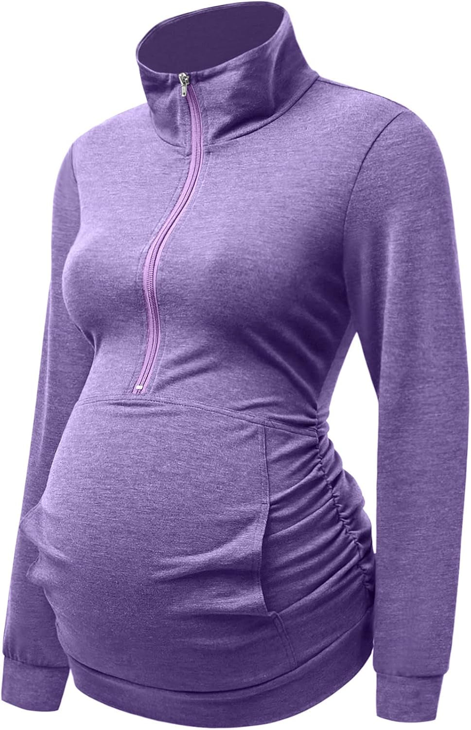 DEBELLY Maternity Shirt with Pocket Women'S Lapel Top Casual Pregnancy Long Sleeve Zipper Sweatshirt