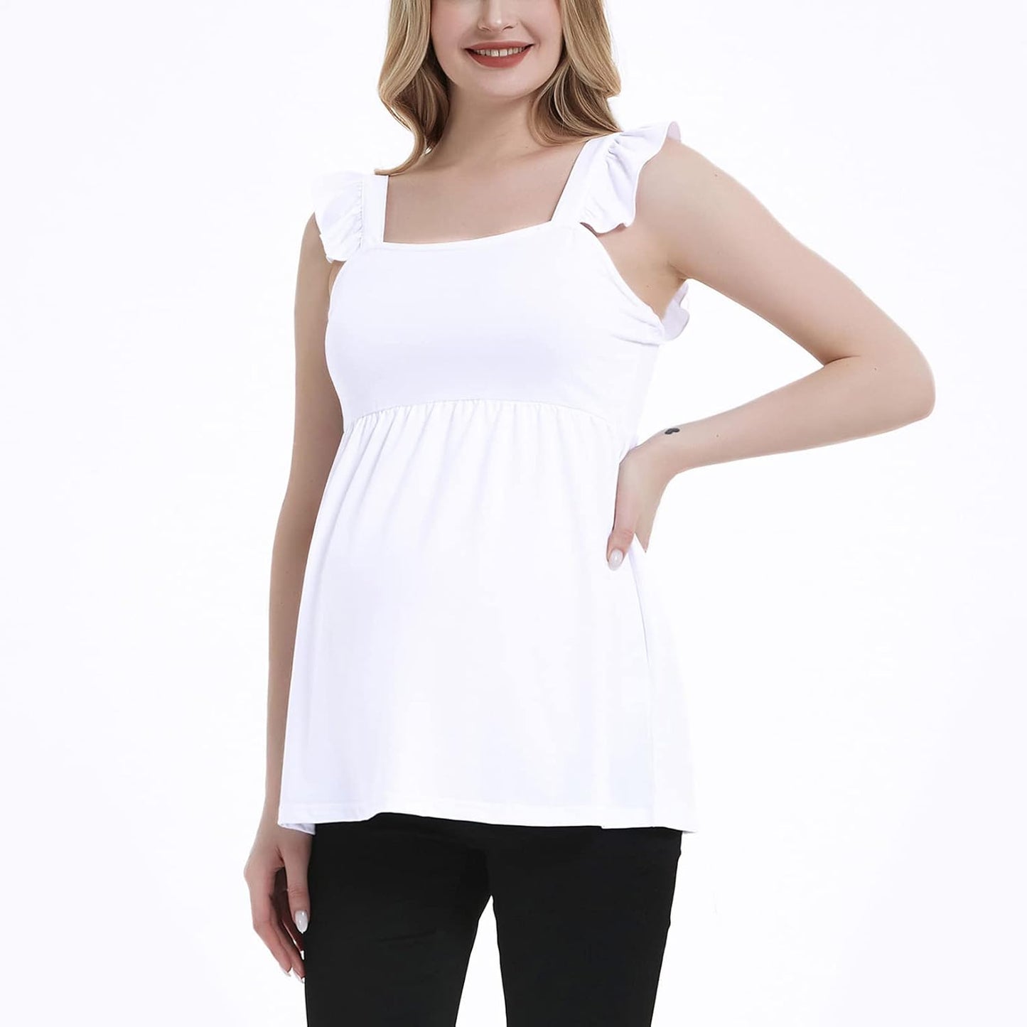 DEBELLY Women'S Maternity Peplum Tops Square Neck Ruffle Strap Sleeveless Pregnancy Tank Top Mama Cute Babydoll Blouse Summer