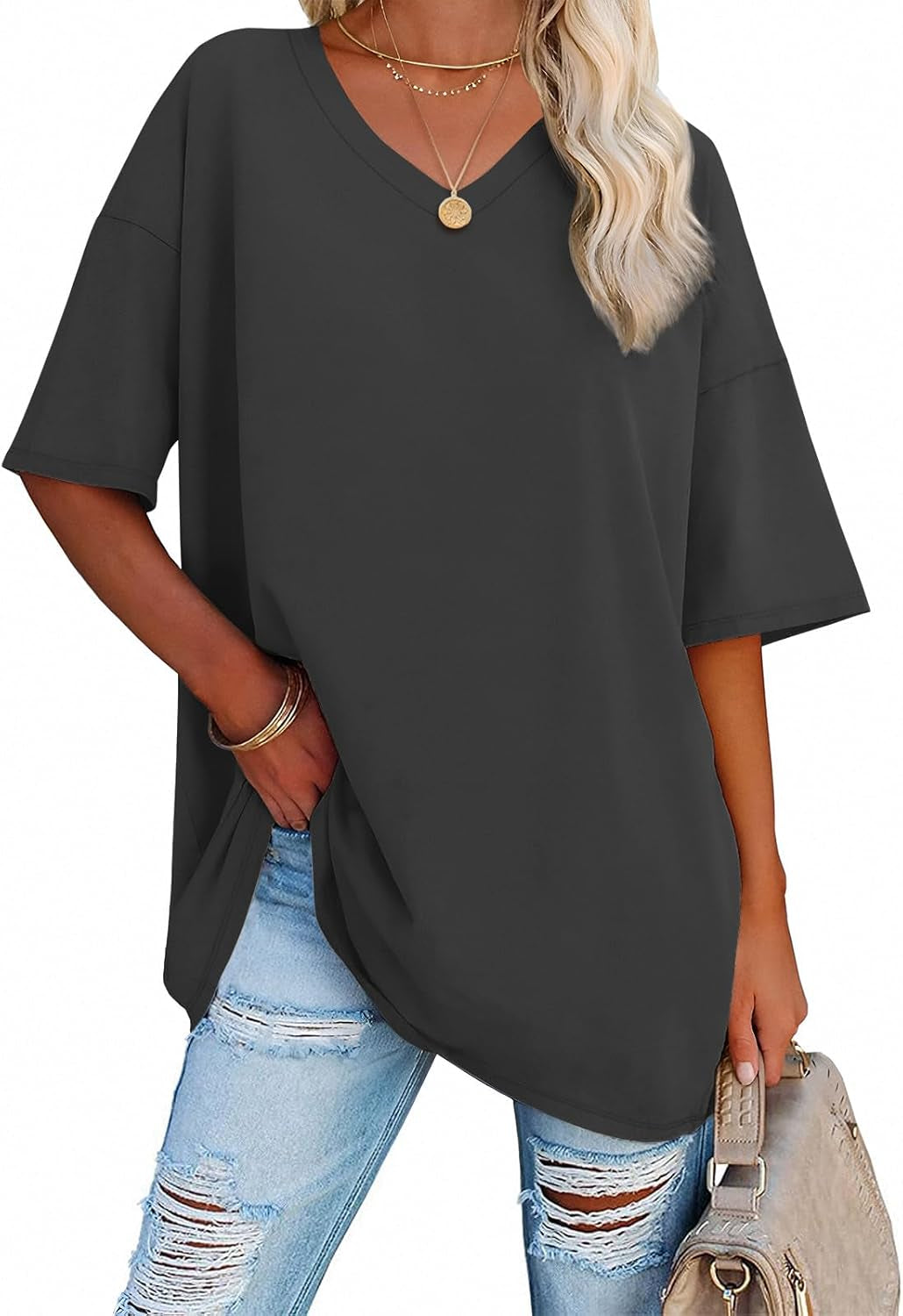 ATHMILE Womens Summer Oversized Shirts V Neck Business Casual Workout Tops Beach Vacation 2025 Gym Clothes