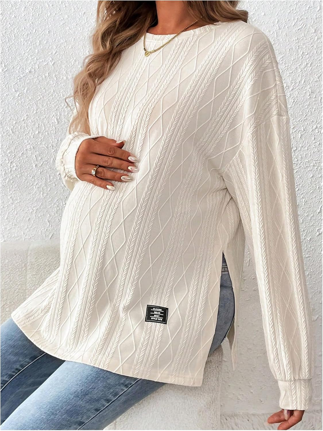 Makemechic Women'S Maternity Tee Shirts Textured Long Sleeve round Neck Slit Hem Pregnancy Tops