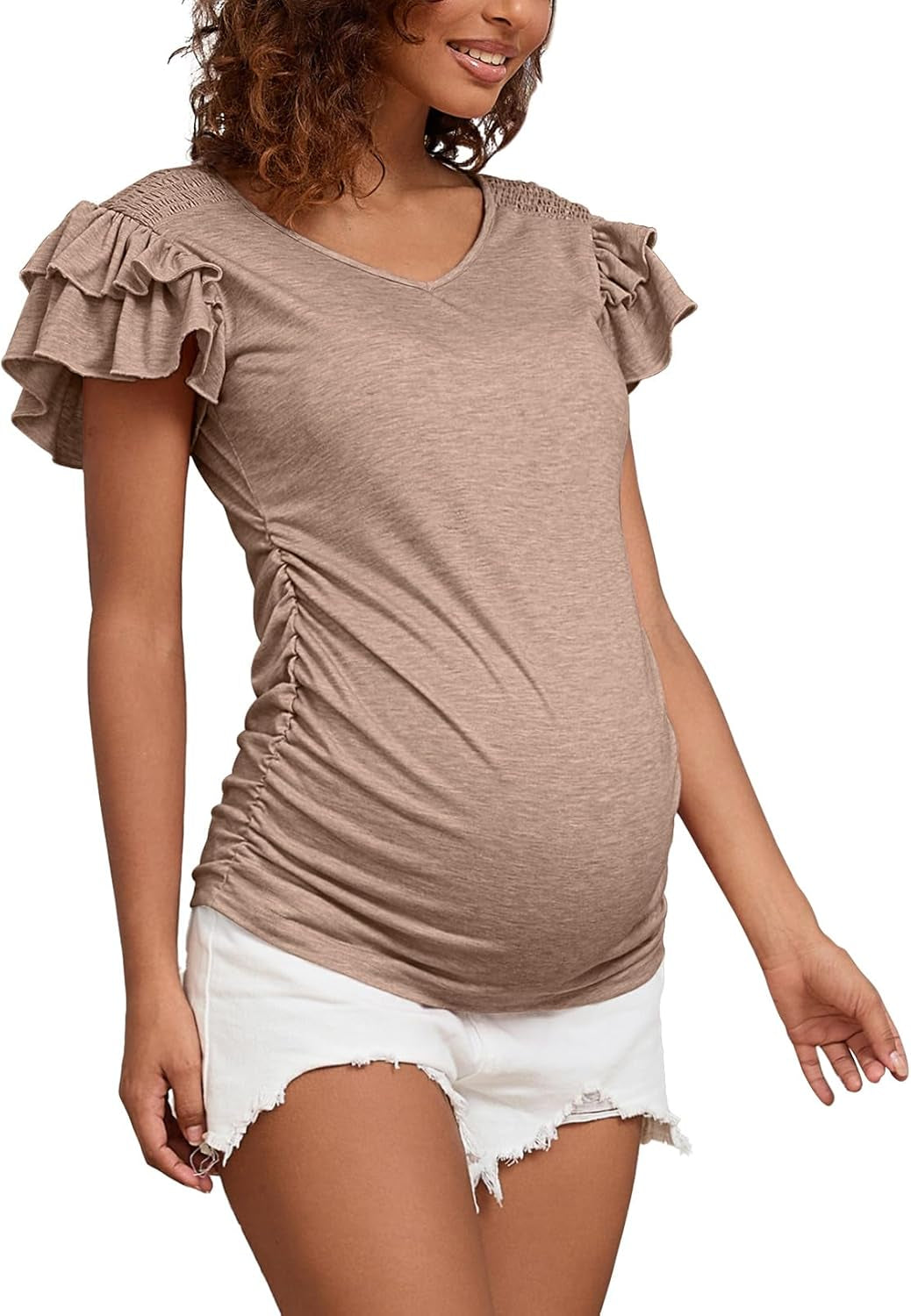 Bhome Maternity Summer Ruffle Tops,Casual Frilled V-Neck Short Sleeve Fitted Blouse Shirts Trendy for Women