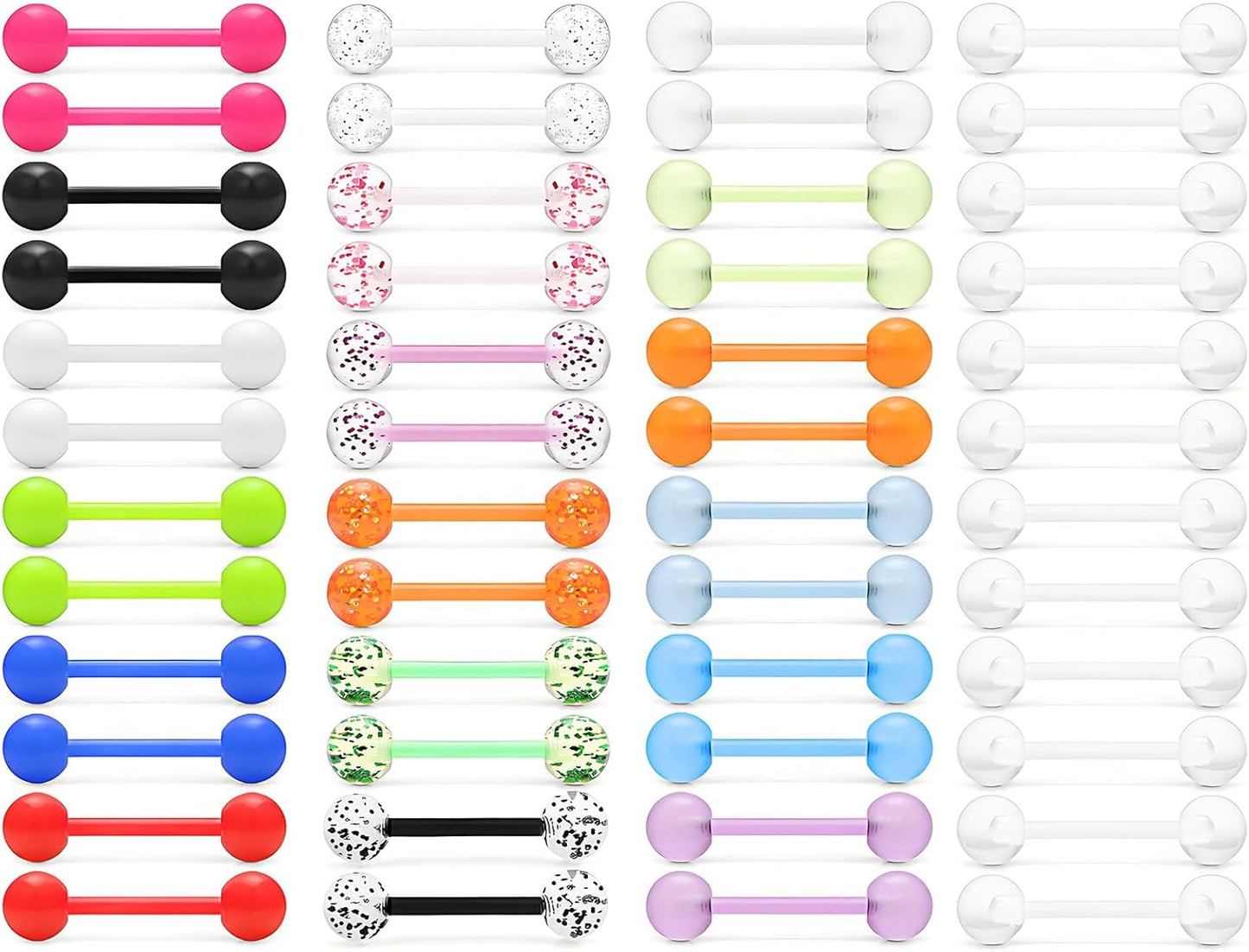 Prjndjw 48Pcs 14G 16Mm 14MM Glow in Dark Tongue Nipple Ring Plastic Flexible Acrylic Straight Barbell Body Piercing Jewelry for Women Men Tongue Nippie Piercings