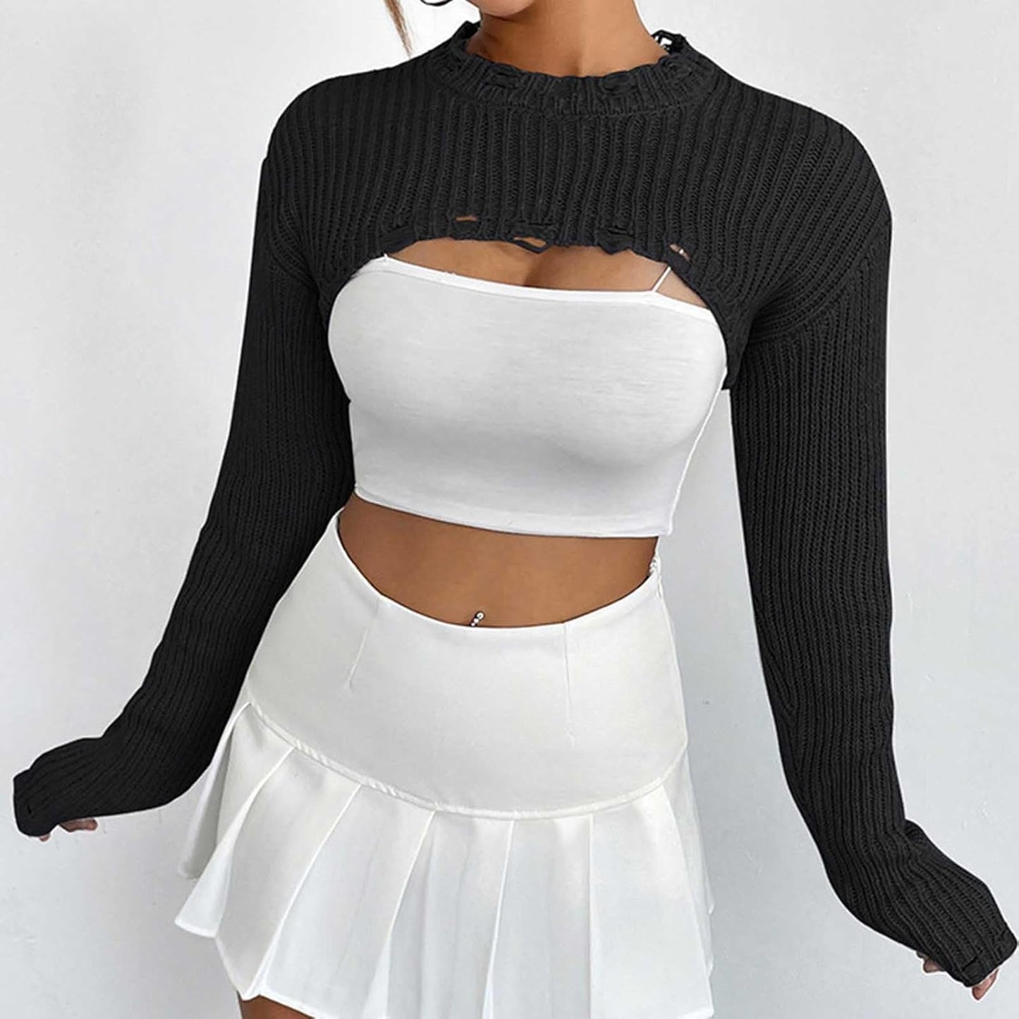 Hgps8W Women'S Cropped Sweater, Sexy Ripped Long Sleeve Crewneck Loose Pullover Knitwear Tops