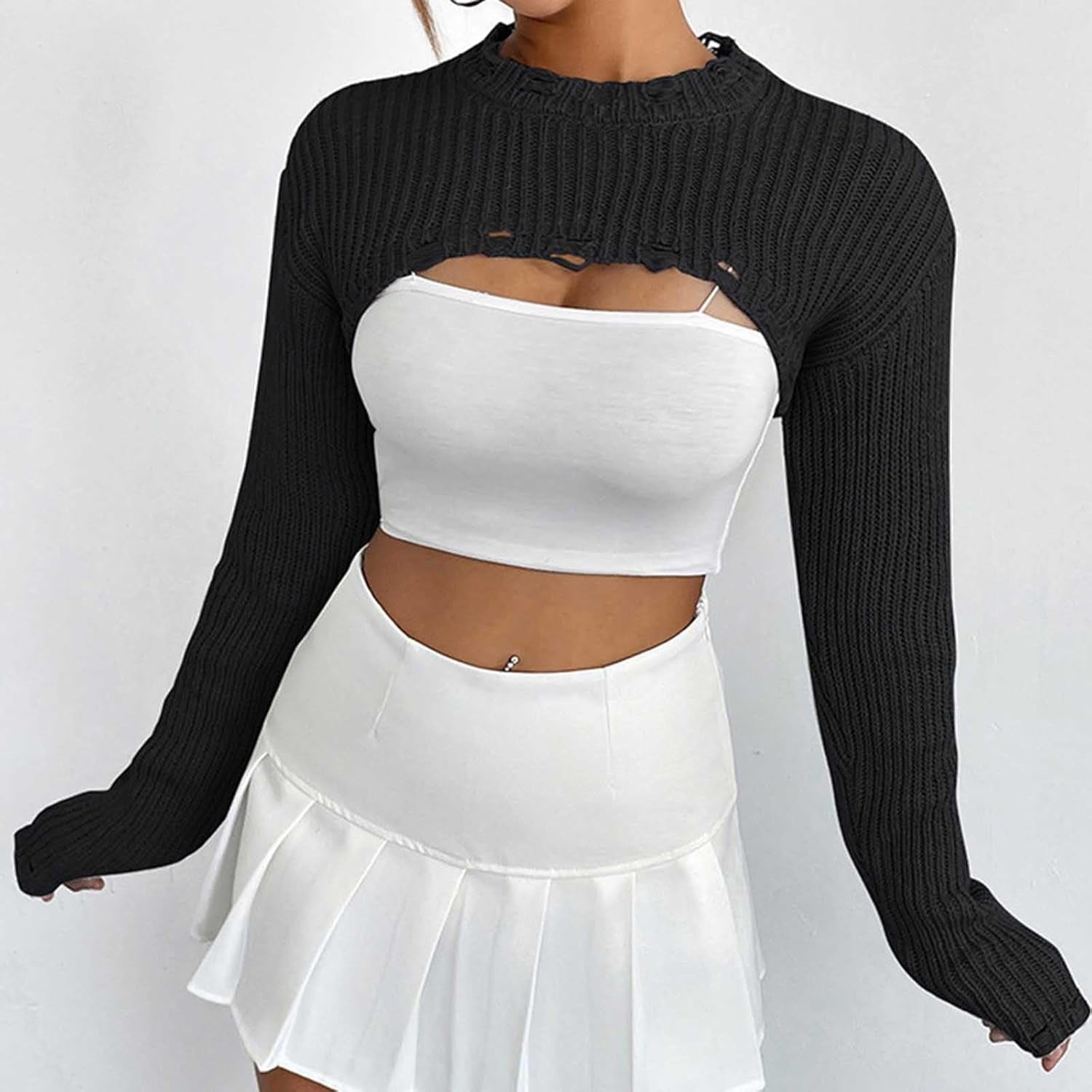 Hgps8W Women'S Cropped Sweater, Sexy Ripped Long Sleeve Crewneck Loose Pullover Knitwear Tops