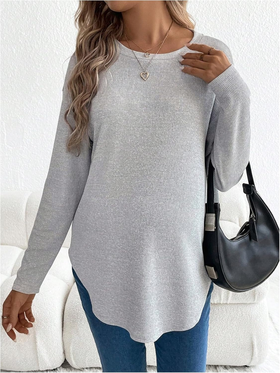 Makemechic Women'S Maternity Tee Shirt Long Sleeve round Neck Drop Shoulder Curved Hem Pregnancy Tops