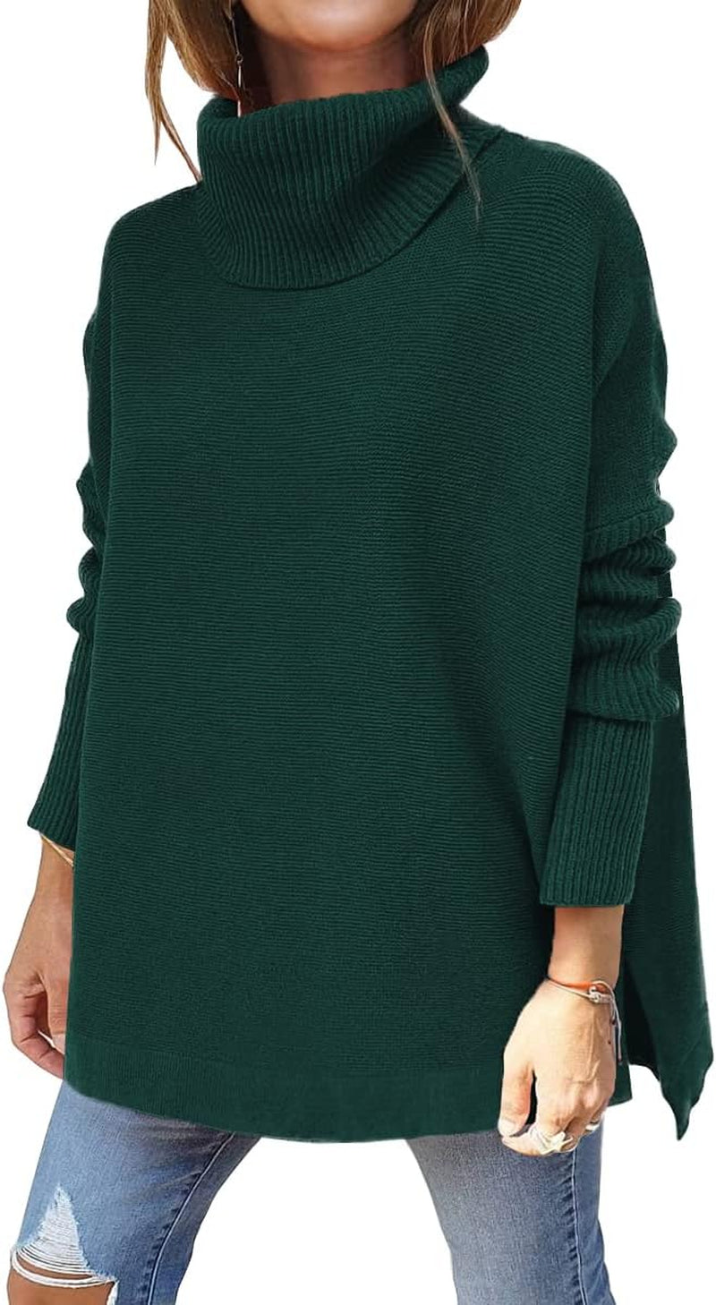 LILLUSORY Women'S Turtleneck Oversized Sweaters Long Batwing Sleeve Spilt Hem Tunic Pullover Knit Tops
