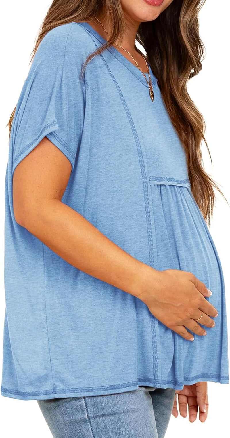 Tankaneo Womens Maternity Tops Summer Batwing Short Sleeve Casual T Shirts Oversized Pleated Pregnancy Clothes