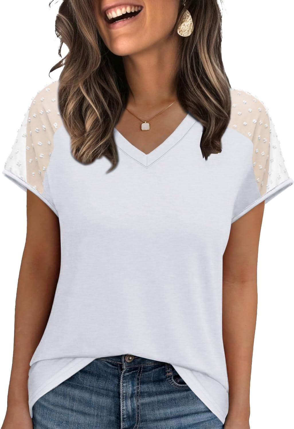 WIHOLL Summer Tops for Women V Neck T-Shirts Swiss Dot Short Sleeve Shirts Casual Fashion Blouses
