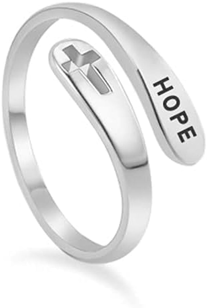 Faith Cross Sterling Silver Open Statement Rings Adjustable Minimalist Hope Love Eternity Wedding Band Promise Ring Wrap Finger Bands Fashion Jewelry for Women Men Xmas