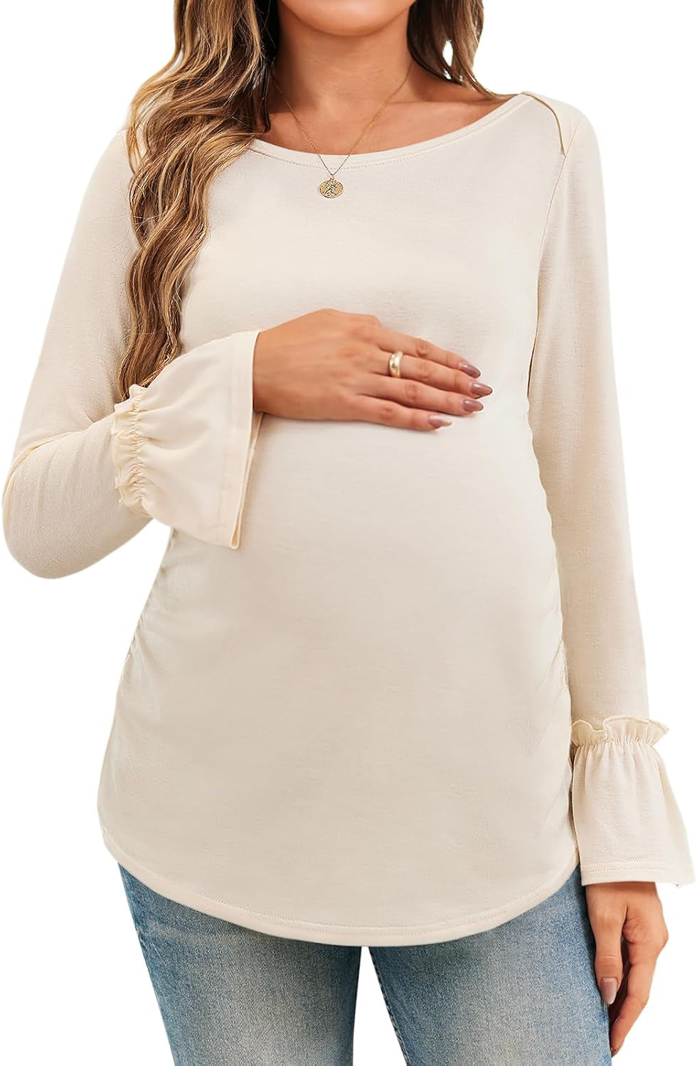 Women'S Maternity Shirts Bell Sleeve Pregnancy Tops Casual Boat Neck Maternity Clothes