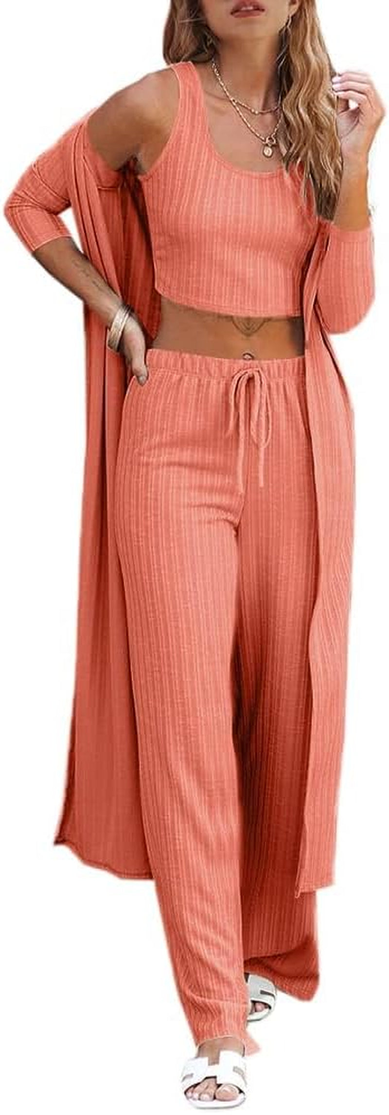 Fessceruna Womens 3 Piece Lounge Sets Pajamas Knit Long Sleeve Cardigan Crop Top Wide Leg Pants Loungewear Set