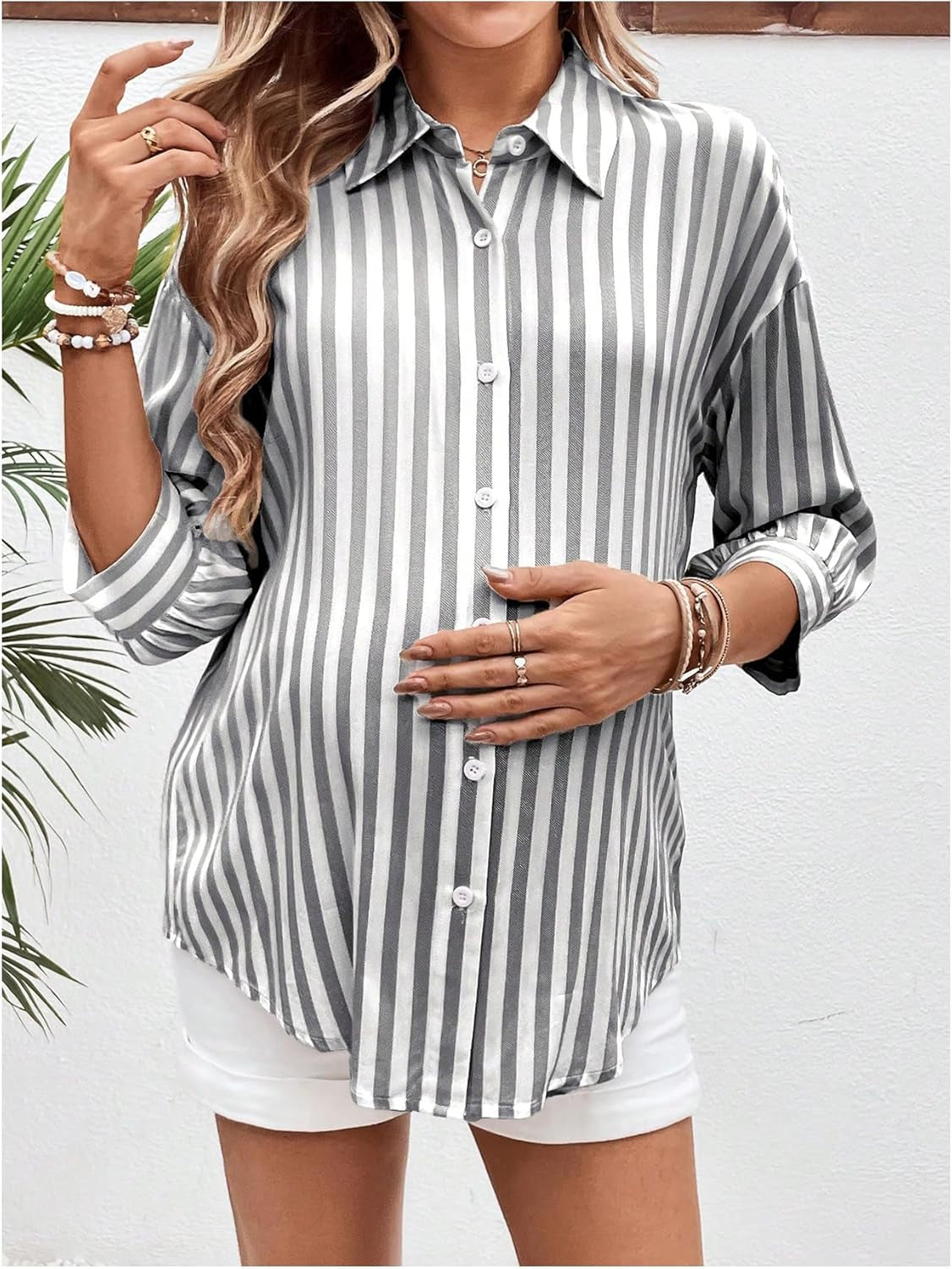 Makemechic Women'S Maternity Shirts Blouses Striped Button down 3/4 Sleeve Pregnancy Nursing Top