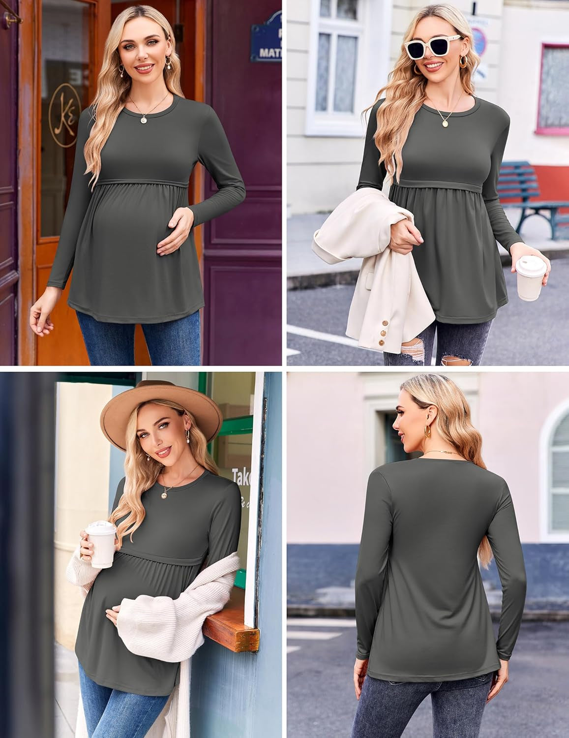 Ekouaer Maternity Shirts 3 Packs Pleated Long Sleeve Tops Tunic Casual Pregnancy Clothes