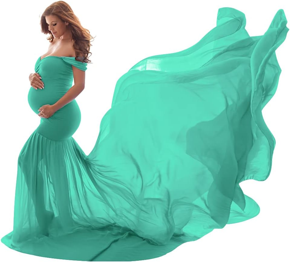 Women Maternity Dress for Photography Mermaid off Shoulder Slim Fitted Chiffon Gown Flowy Baby Shower Maxi Photo Props Dress