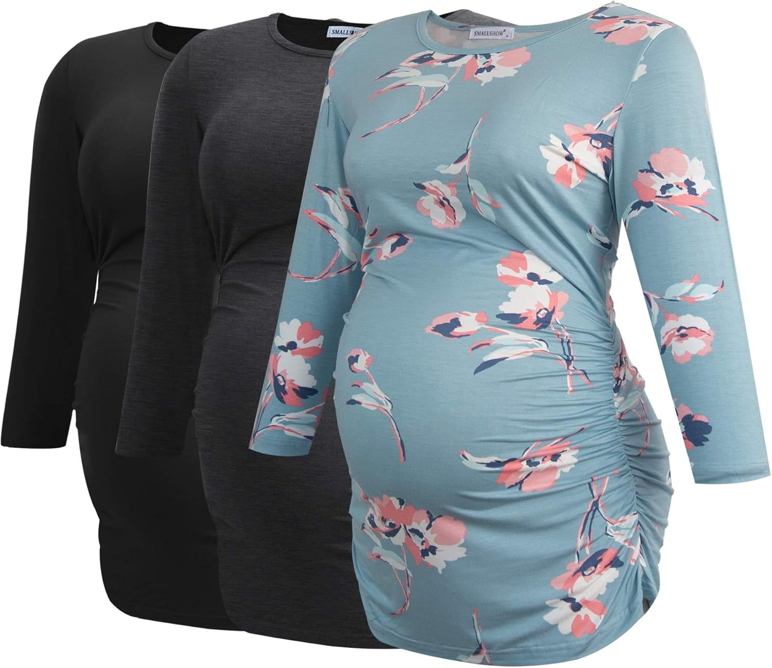 Smallshow Women'S Maternity Tunic Tops Clothes 3/4 Sleeve Ruched Pregnancy Shirt