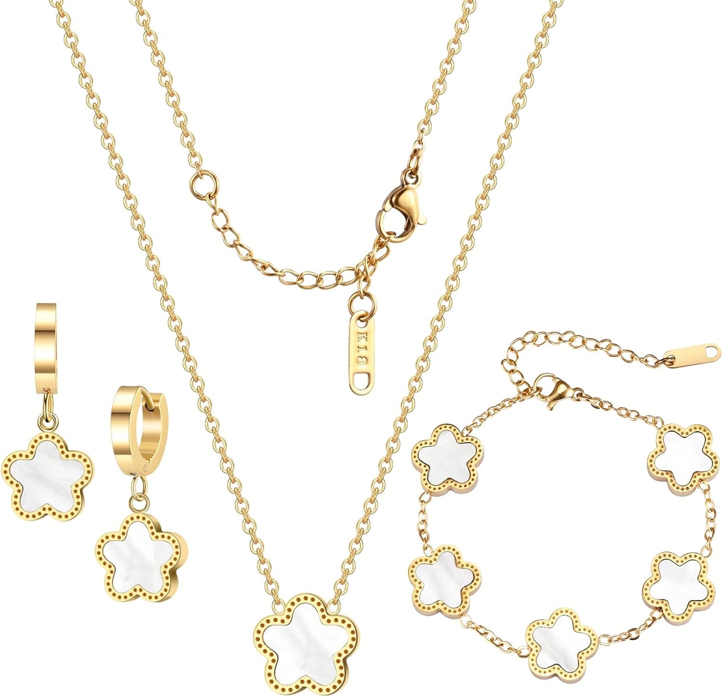 Lucky Clover Jewelry Set 18K Gold Plated Five Leaf Clover Necklace Bracelet Earrings Set Flower Jewelry Sets Birthday Gifts for Women