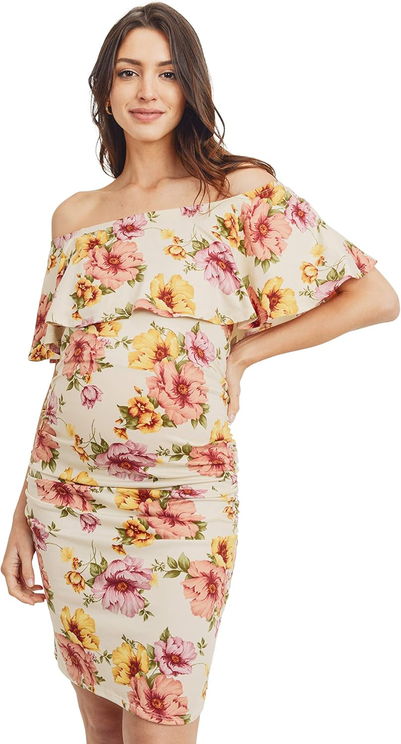 Hello MIZ Women'S Floral Ruffle off Shoulder Maternity Dress - Made in USA