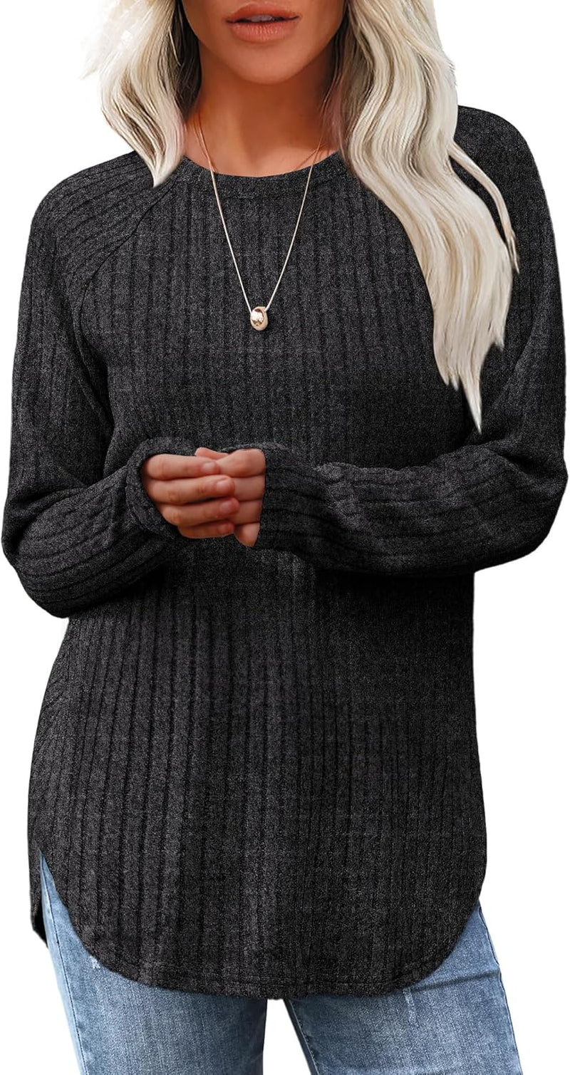 Saloogoe Long Sleeve Shirts for Women Tunic Tops for Women Loose Fit Dressy Crew Neck Pullover Basic Sweaters for Women 2024