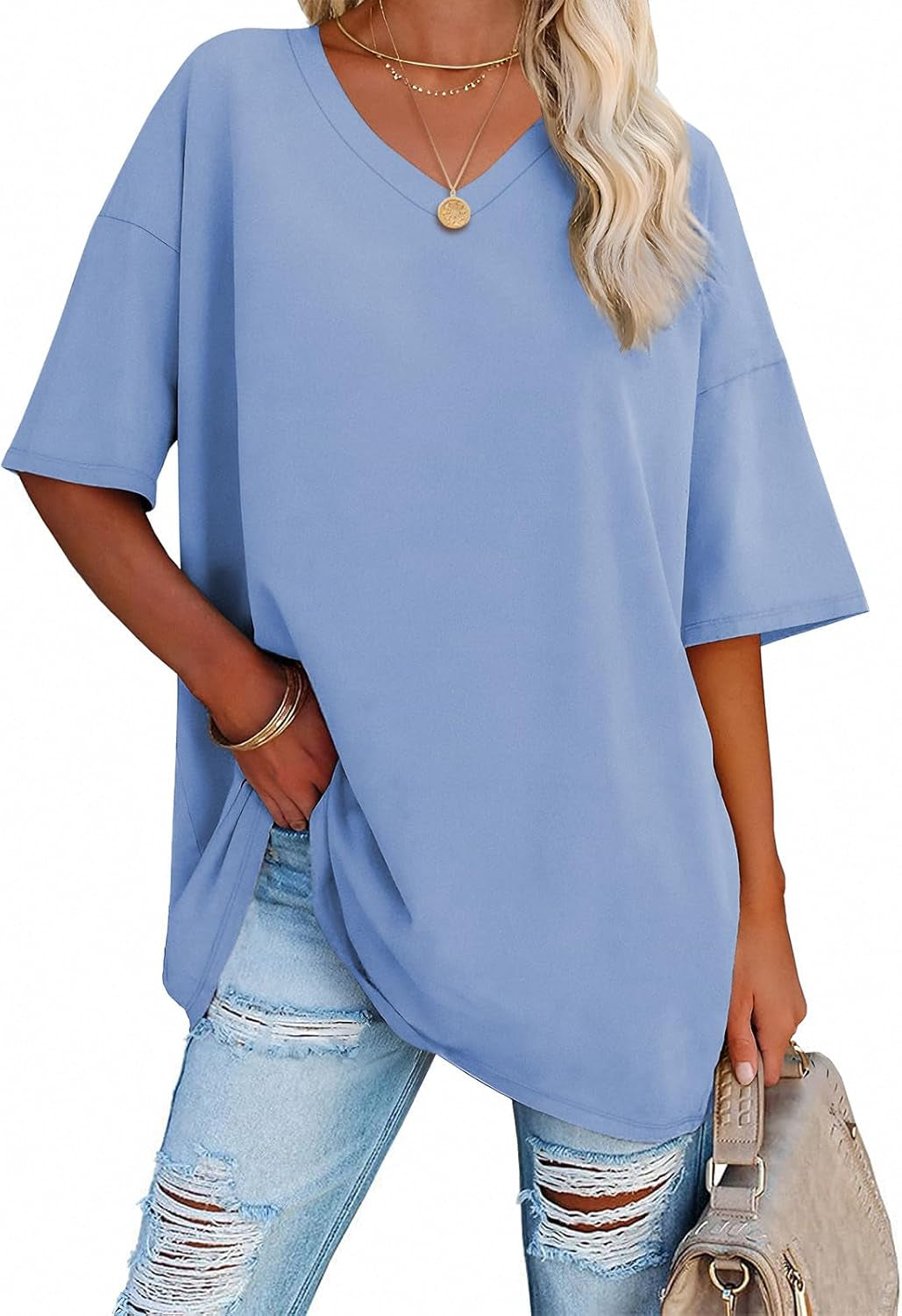 ATHMILE Womens Summer Oversized Shirts V Neck Business Casual Workout Tops Beach Vacation 2025 Gym Clothes
