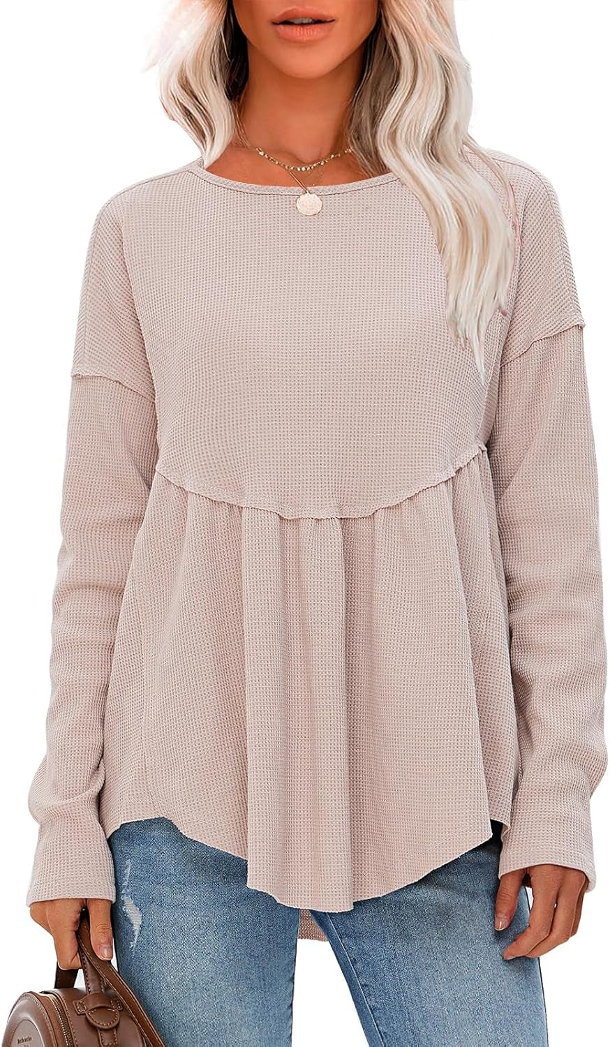 EXLURA Waffle Knit Long Sleeve Shirts for Womens Crewneck Loose Babydoll Tunic Tops Maternity Tops Fall Fashion 2024 Clothes Apricot