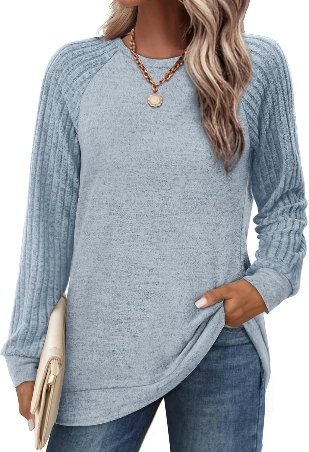 Saloogoe Tunic Sweatshirts for Women Crewneck Lightweight Sweaters Raglan Long Sleeve Shirts Fall Fashion Tops 2024