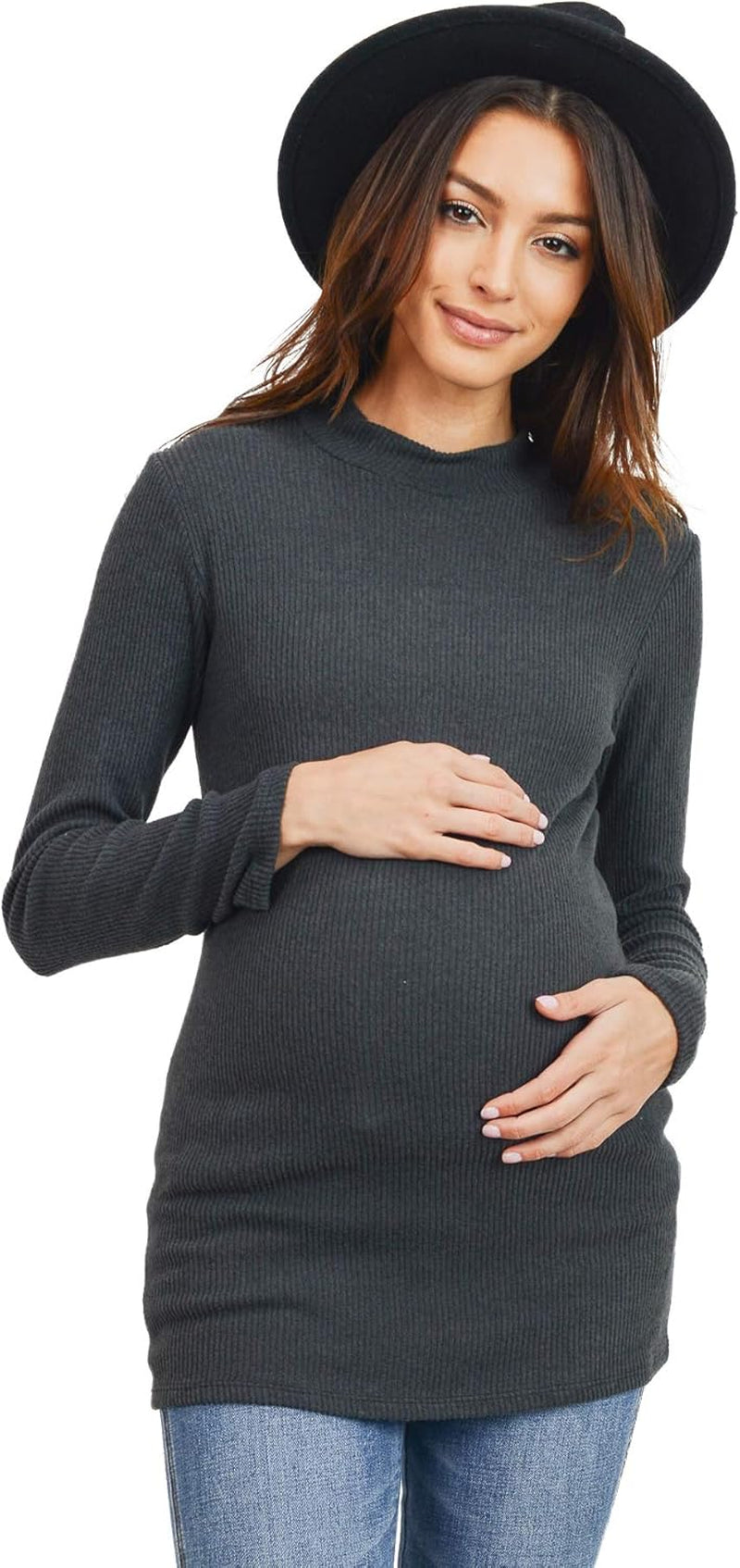 Women'S Knit Ribbed Maternity Top with Mock Neck Long Sleeve