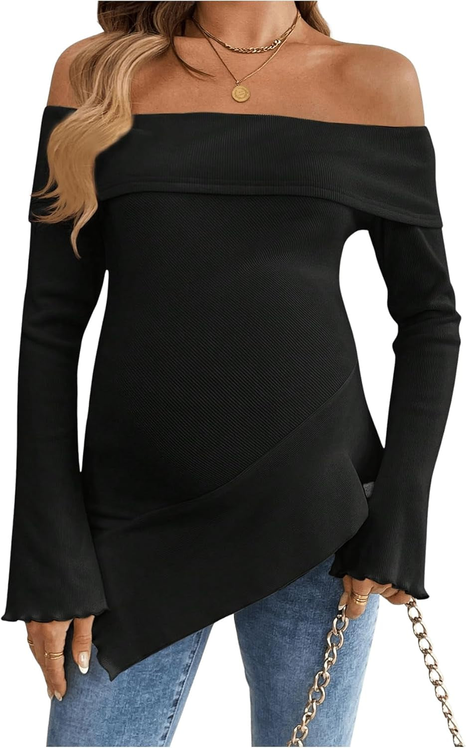 Makemechic Women'S Maternity Tops off Shoulder Lettuce Trim Flounce Sleeve Pregnancy Shirt