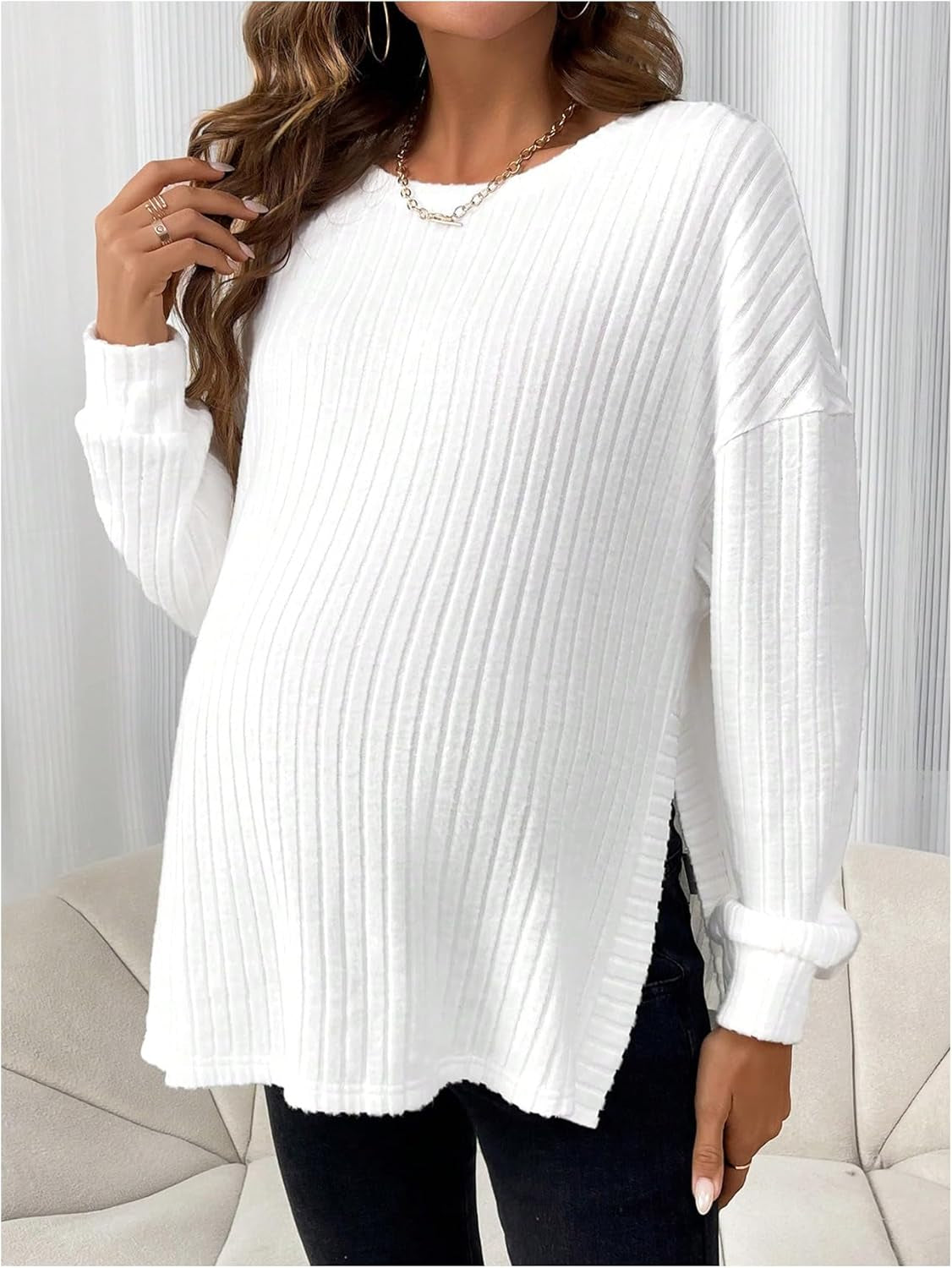 Women'S Maternity Knit Tops round Neck Split Hem Long Sleeve Pullover Ribbed Sweater