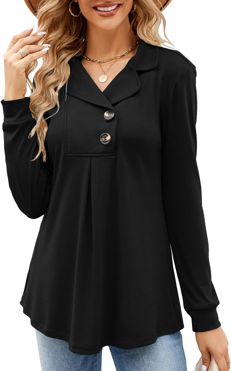 Newchoice Womens Long Sleeve Tunic Tops for Leggings Casual Notch Collared Button Sweatshirts Pullover Shirt Tops