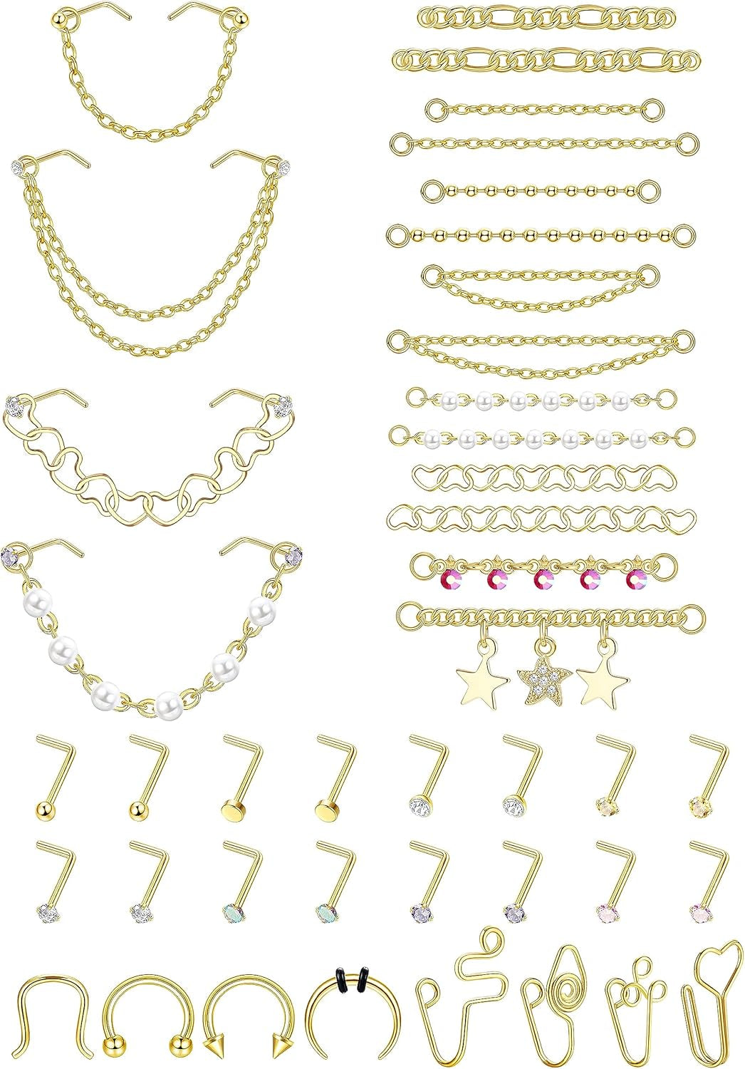 20G Nose Rings Studs with Chains African Nose Ring Cuff Horseshoe Septum Rings Stainless Steel Star Heart Nose Ring Chain Piercing Jewelry Set for Women Men