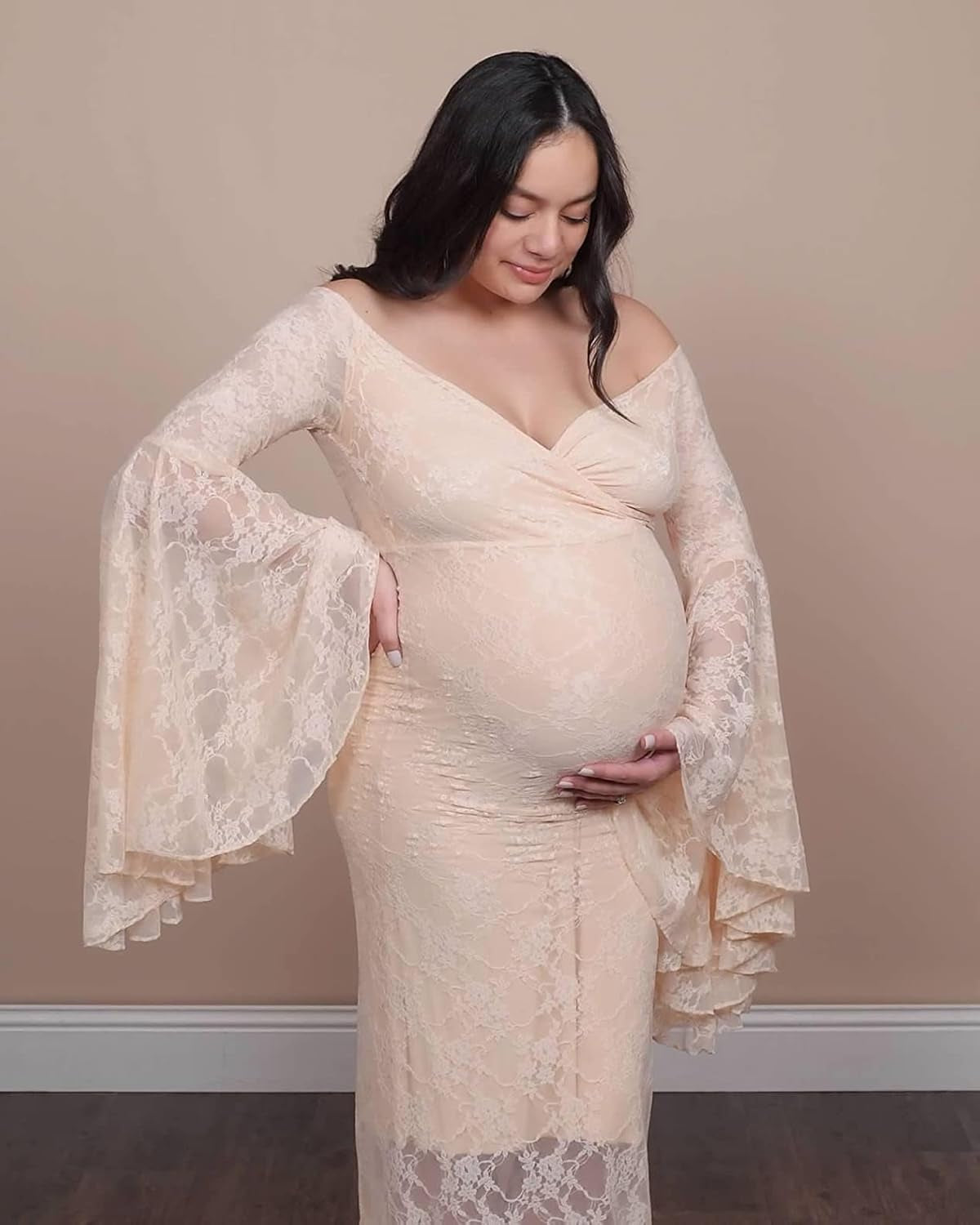 Saslax off Shoulder Lace Maternity Dress for Photography Maxi Maternity Props Dresses for Photo Shoot Baby Shower