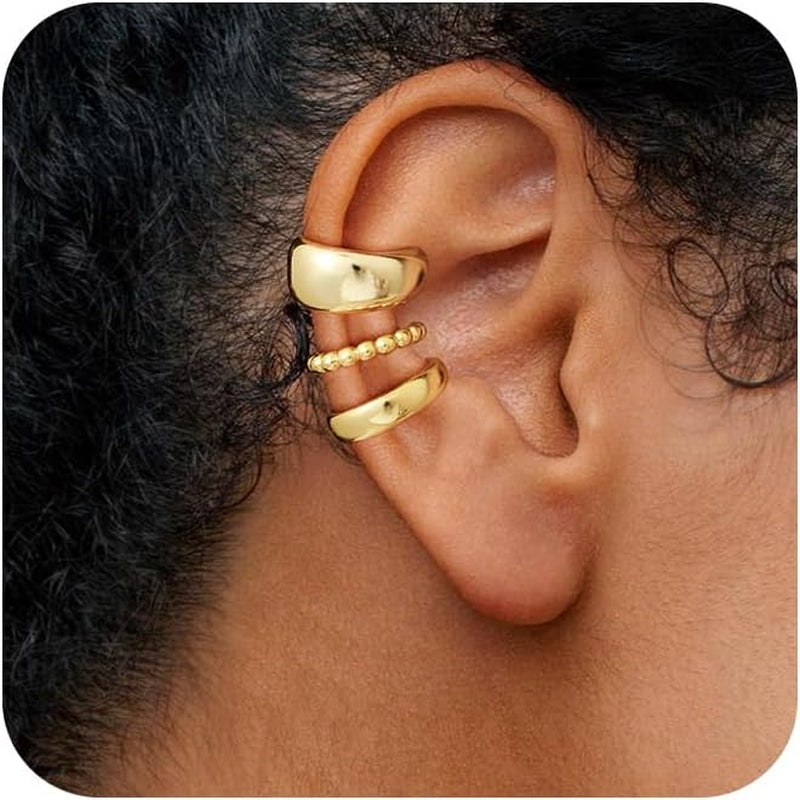 14K Gold/Silver Plated Ear Cuffs Set Dainty Clip Piercing Stack Small Cartilage Hoop Huggie Trendy Tarnish Hypoallergenic Jewelry Gift