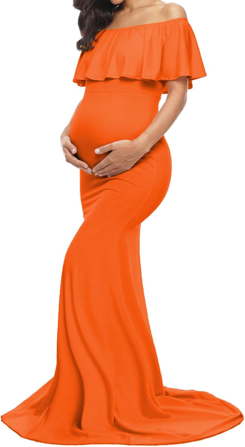 Glampunch Womens off Shoulder Maternity Dress Ruffles Elegant Slim Gowns Fit Maxi Photography Dress
