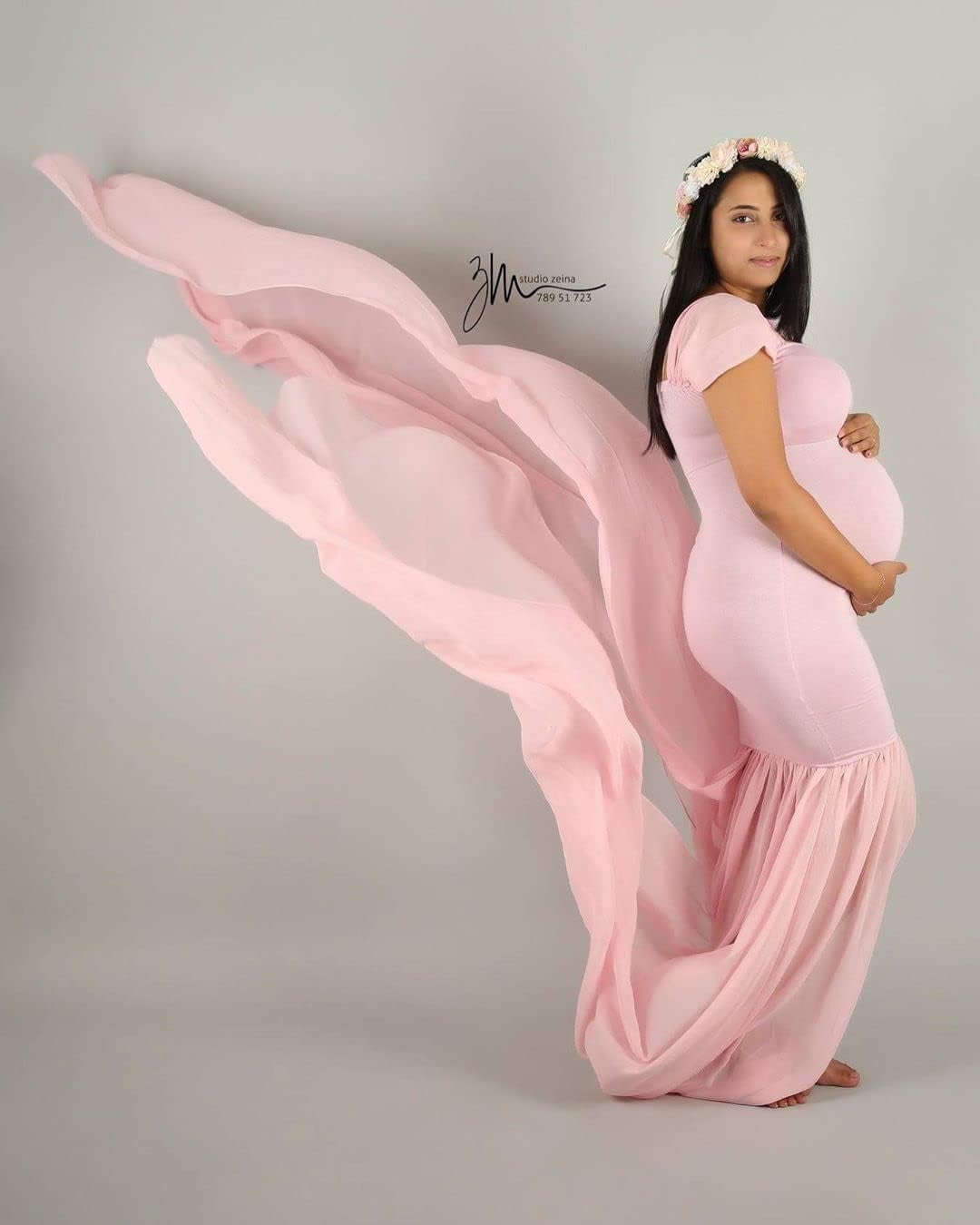 ZIUMUDY Maternity Chiffon Mermaid Gown off Shoulder Dropped Sleeve Fitted Photo Shoot Photography Dress