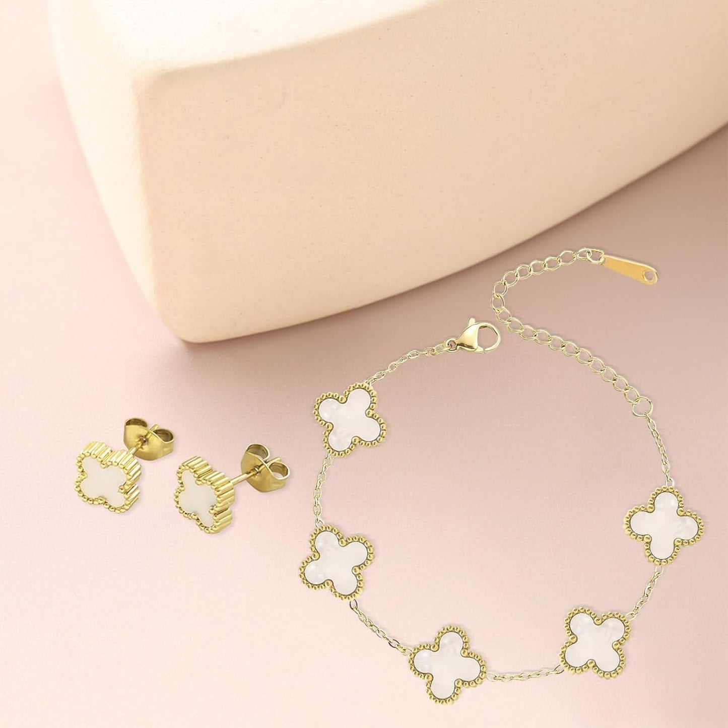 White Clover Jewelry Set for Women 18K Gold Plated Lucky Four Leaf Clover Necklace, Floral Link Chain Bracelet Elegant Earrings Romantic Charm Gift Set for Mom, Wife, Daughter, Girlfriend, Her